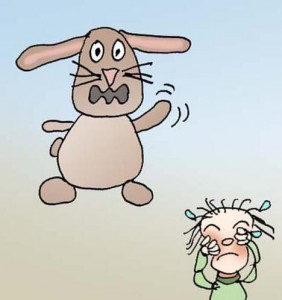 Hare kjefter på bråkete jente. Publisert i det aller første Absurdgalleriet, 4. juli 2001. Jeg er fortsatt usikker på hva vitsen er.